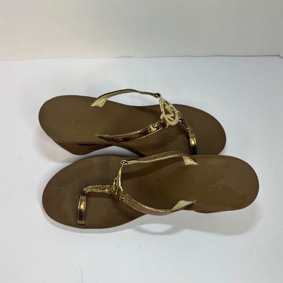 Michael Kors Gold Brown T Strap Sandals Chain Detail Womens - Picture 5 of 5